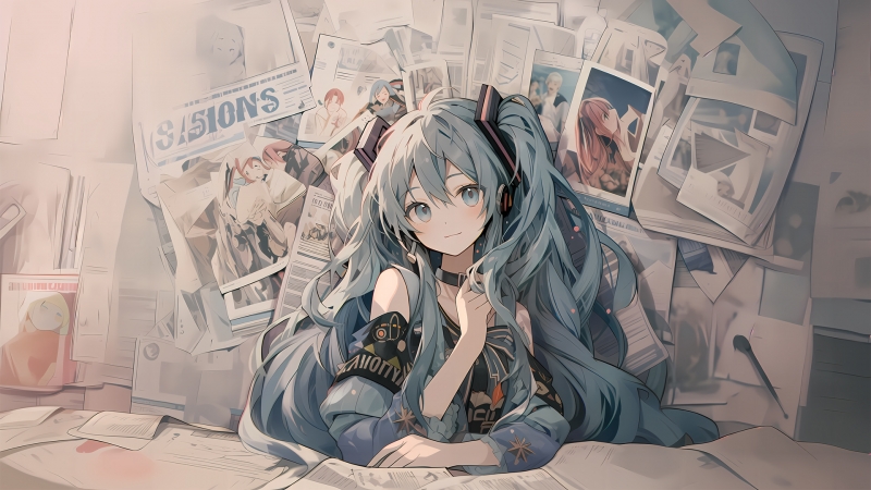 报纸墙搭配初音未来的电脑动漫壁纸推荐