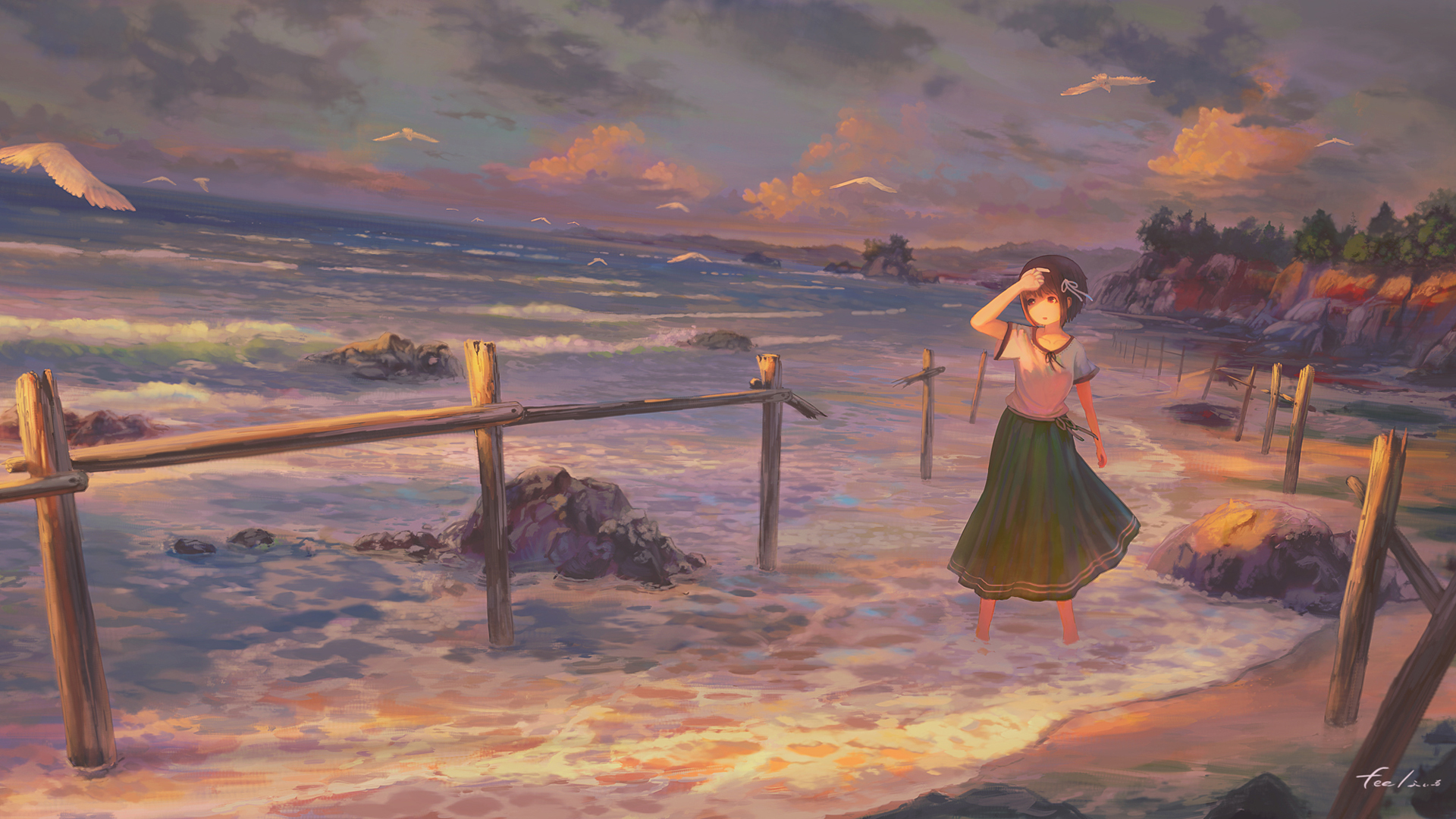 少女海边落日动漫壁纸 多款高清尺寸可选