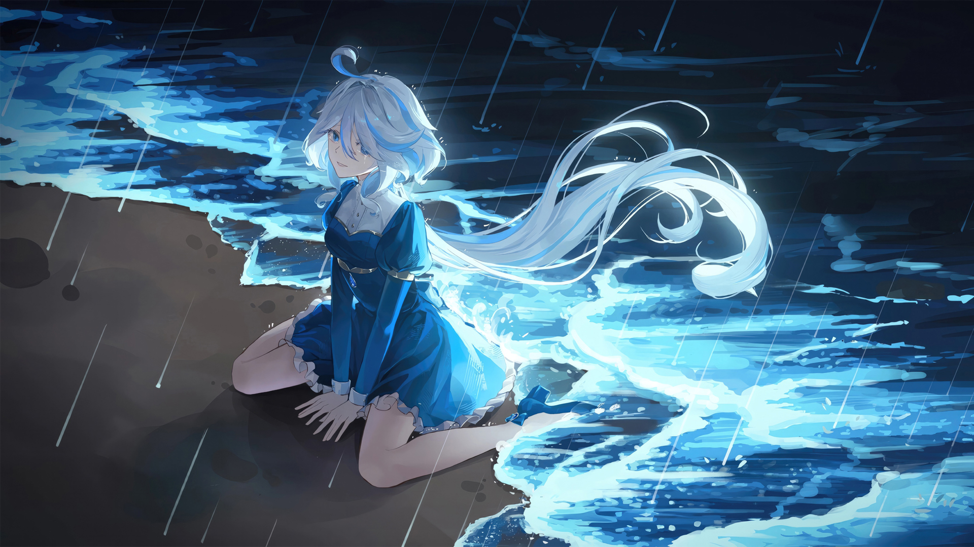 夜晚海边蓝裙少女壁纸推荐