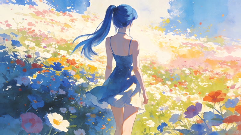 蓝马尾少女花海背影！这款动漫壁纸太治愈了