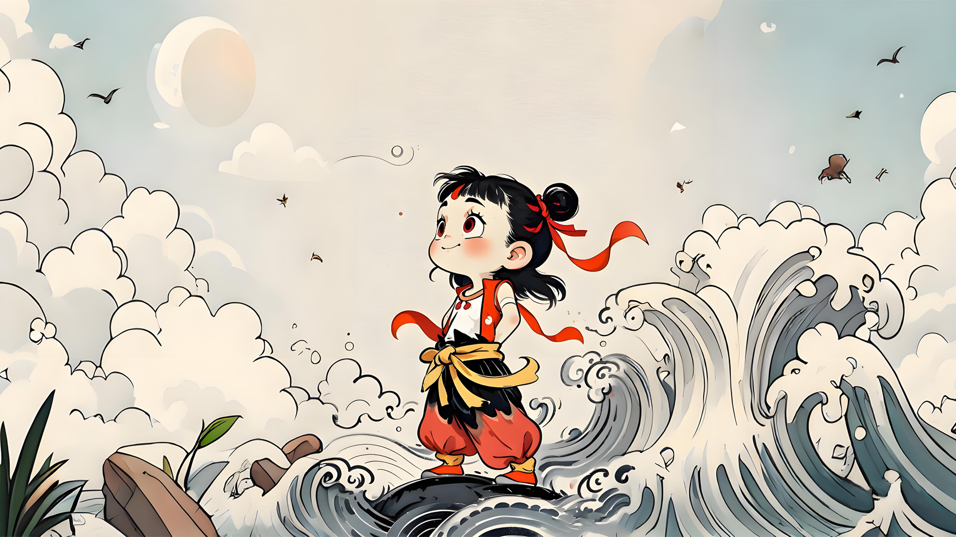 哪吒配海浪！这款高清动漫电脑壁纸太绝了