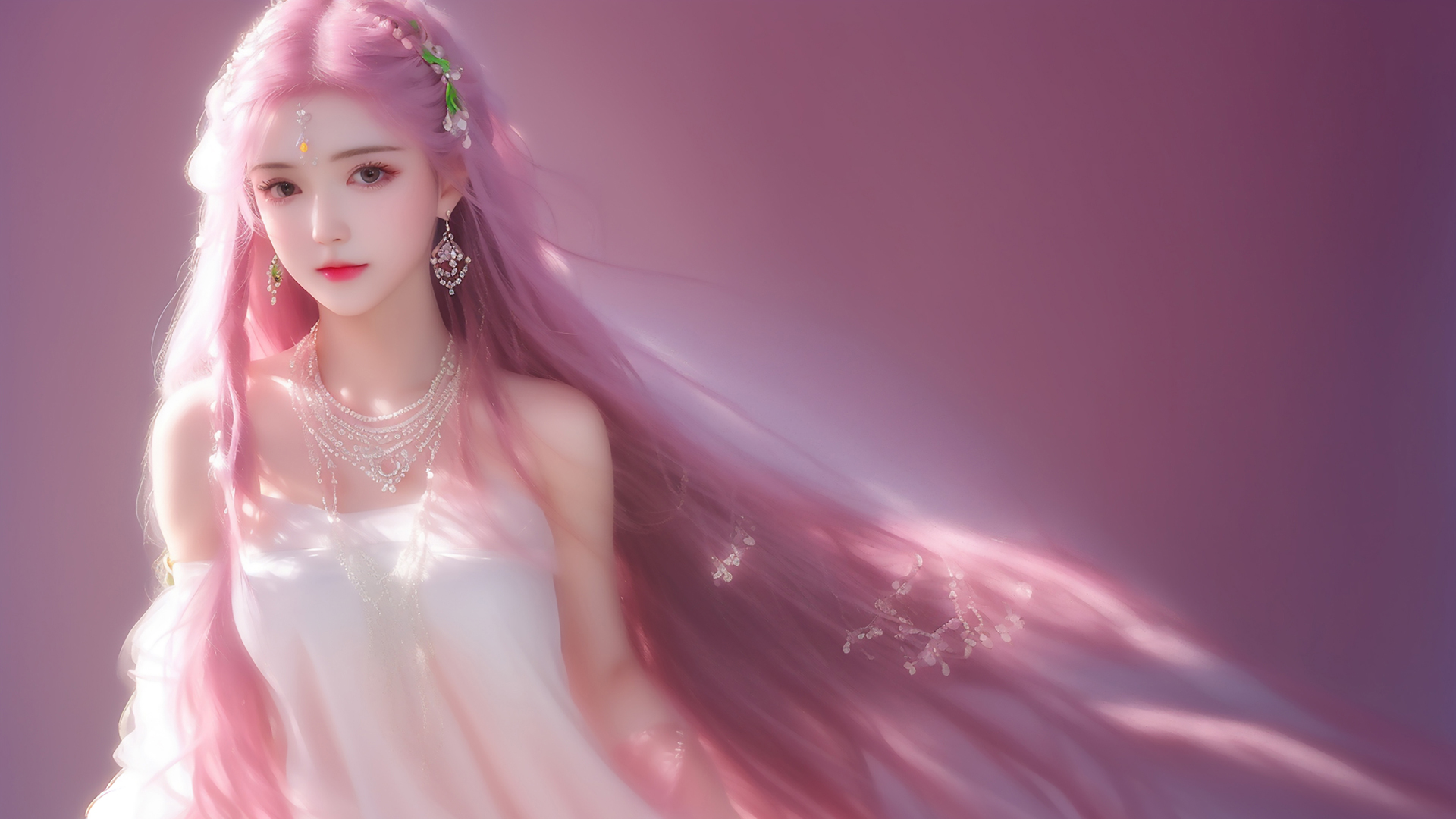 粉长发白裙子的动漫公主 这款电脑壁纸太绝了