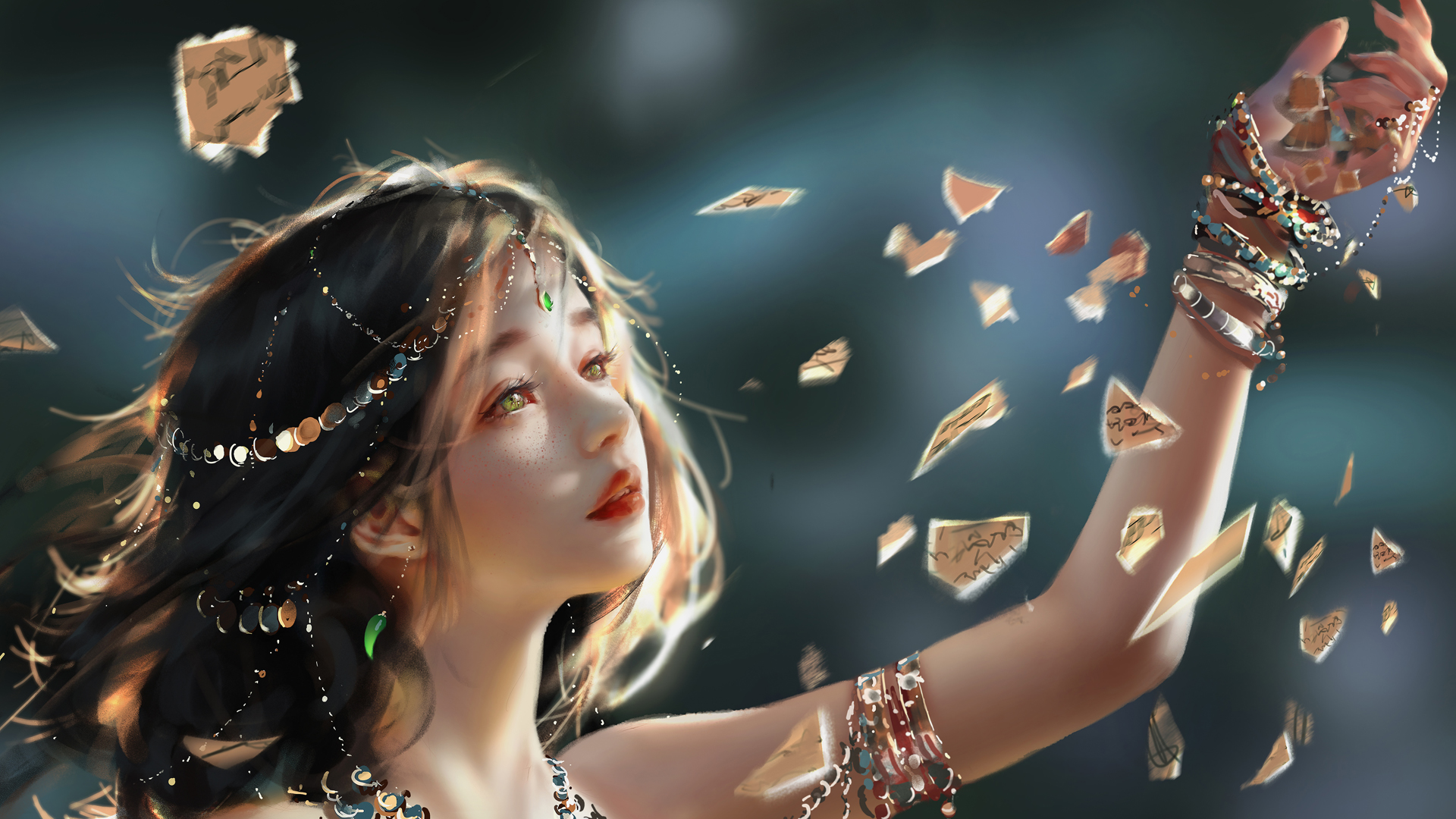 带绿眼睛和精致配饰的公主风动漫高清壁纸