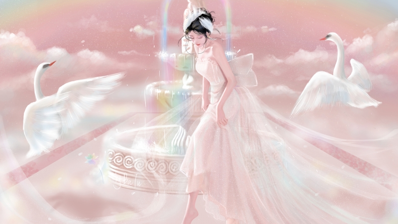 巴图BaTu梦幻动漫壁纸：天鹅女孩搭配彩色喷泉云雾场景