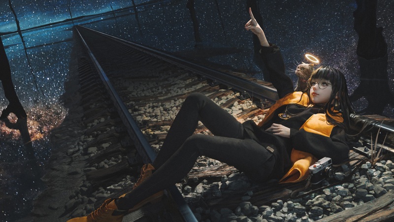 带着猫咪在铁道边看银河的动漫壁纸，超治愈！