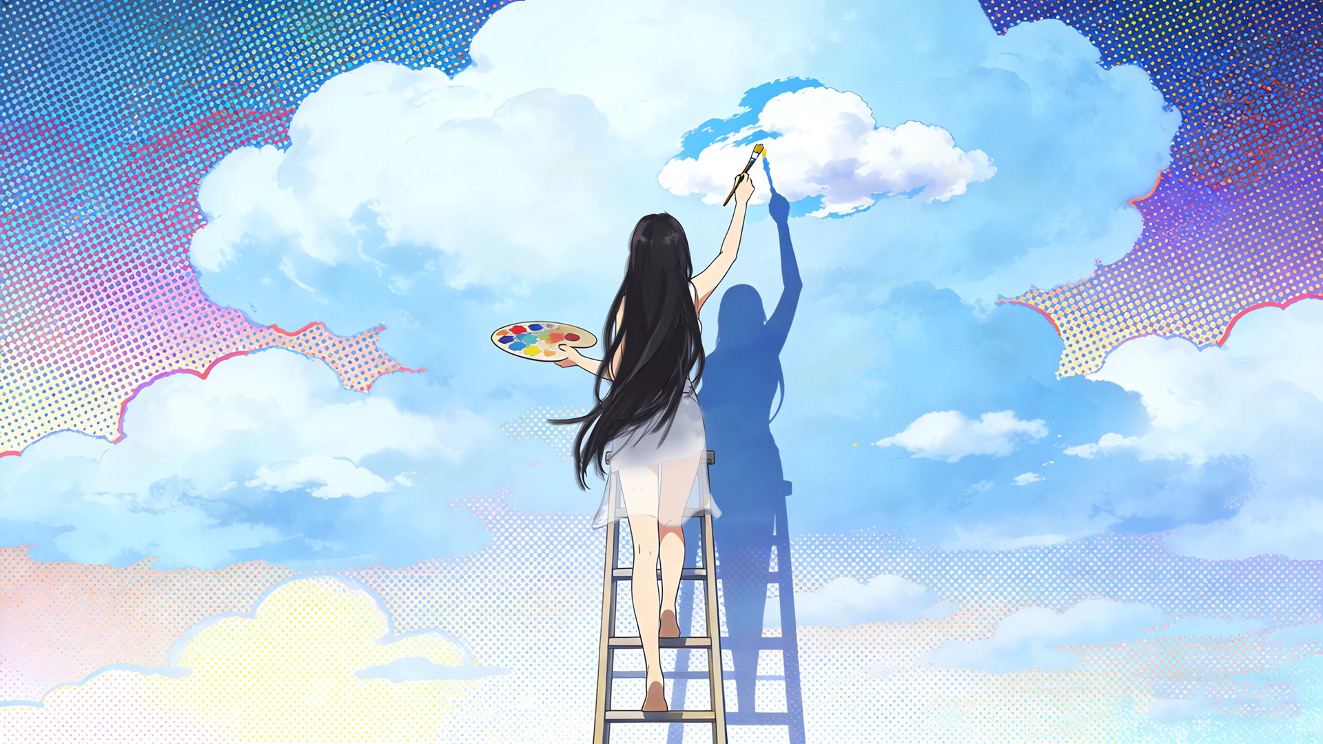 有梯子有云朵的美女画家背影动漫壁纸，多款高清尺寸可选