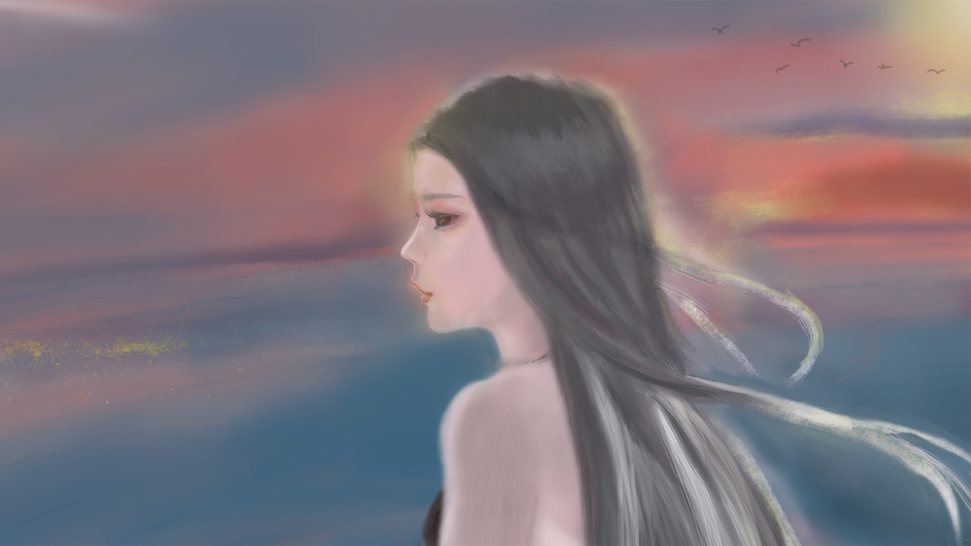 海边长发少女云朵动漫壁纸 高清版来啦