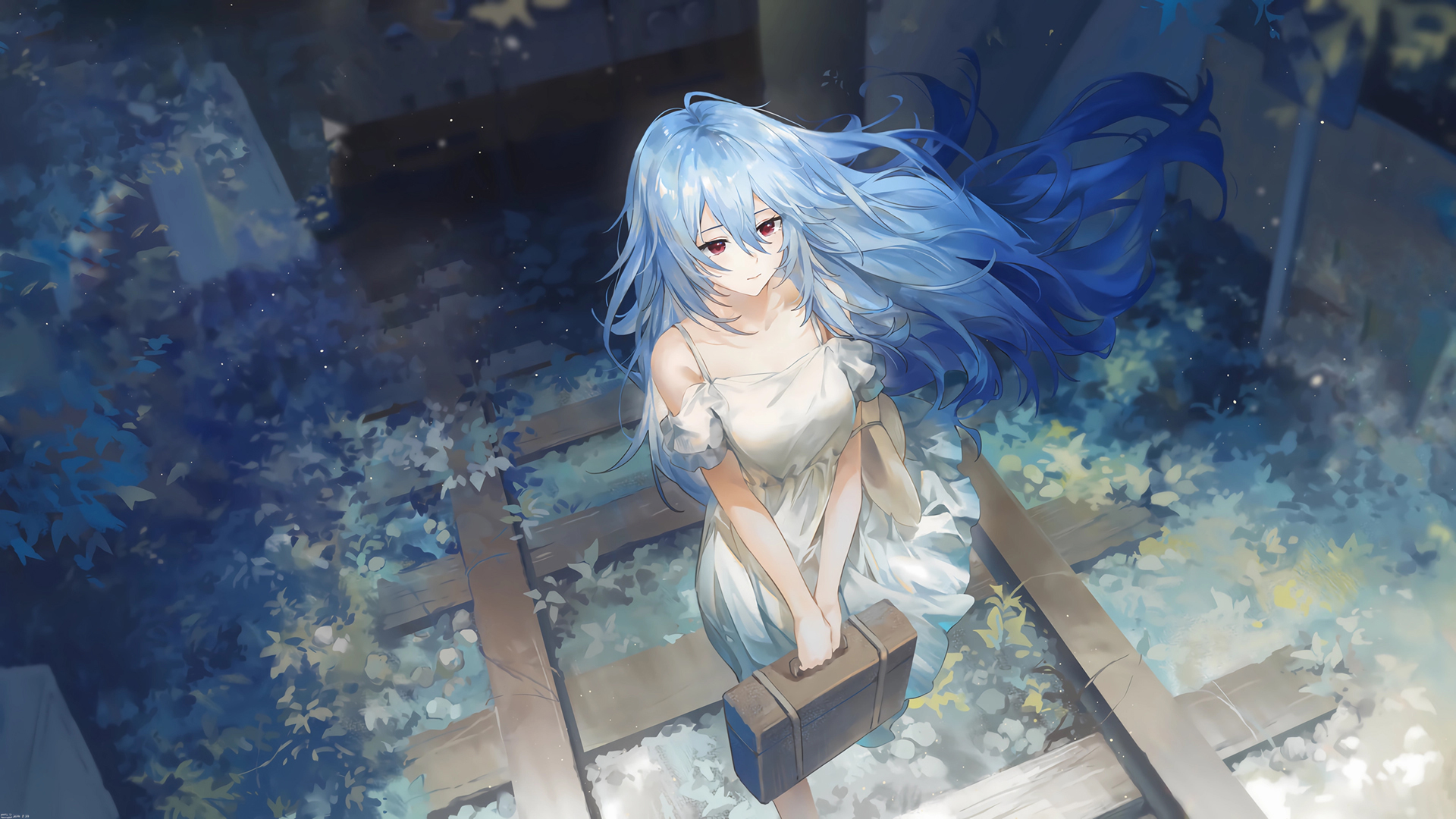 EVA新世纪福音战士主题动漫壁纸 森林轨道女孩手提箱风格