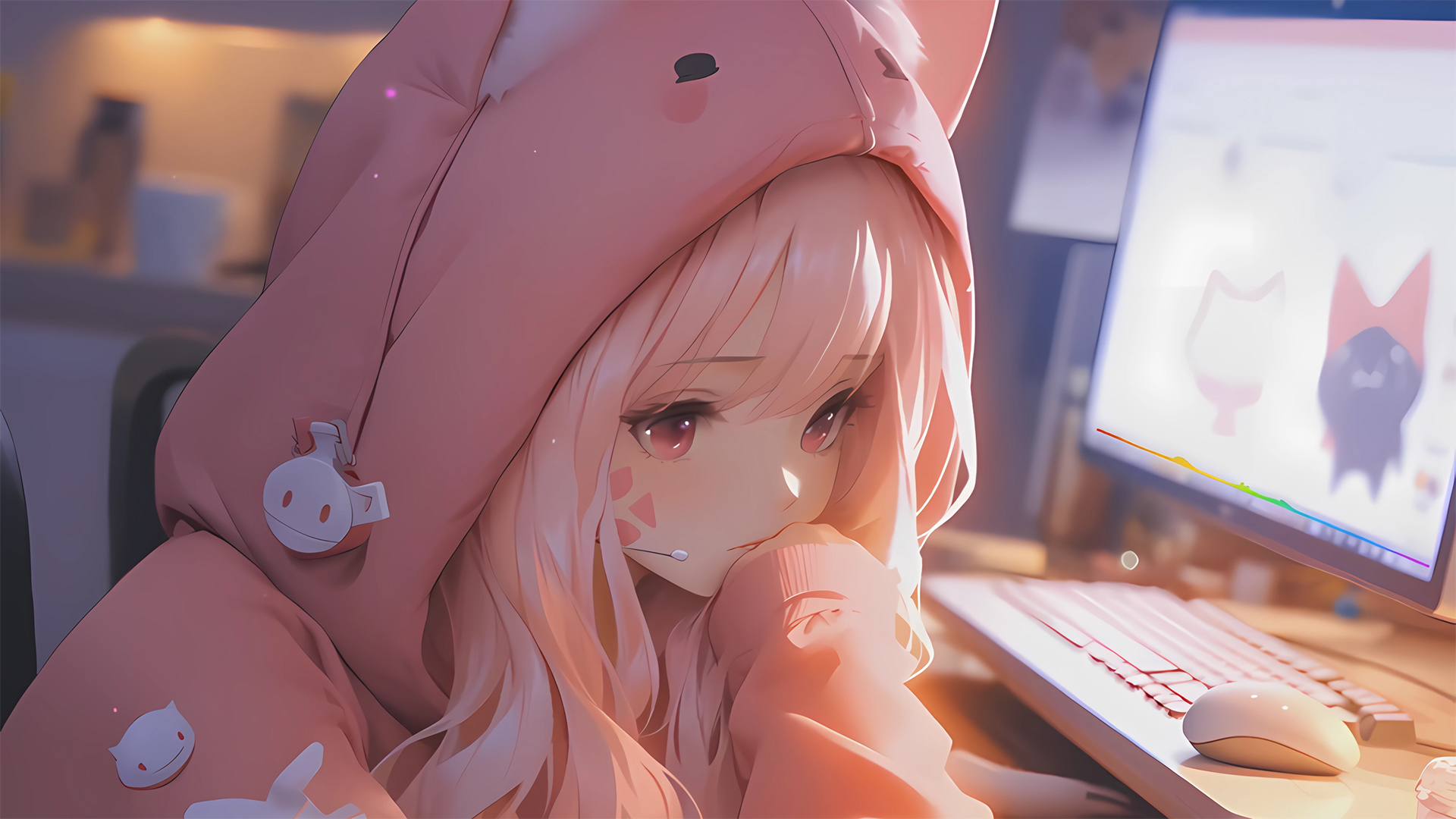 粉色连帽衫动漫女孩电脑壁纸，多款高清尺寸可选