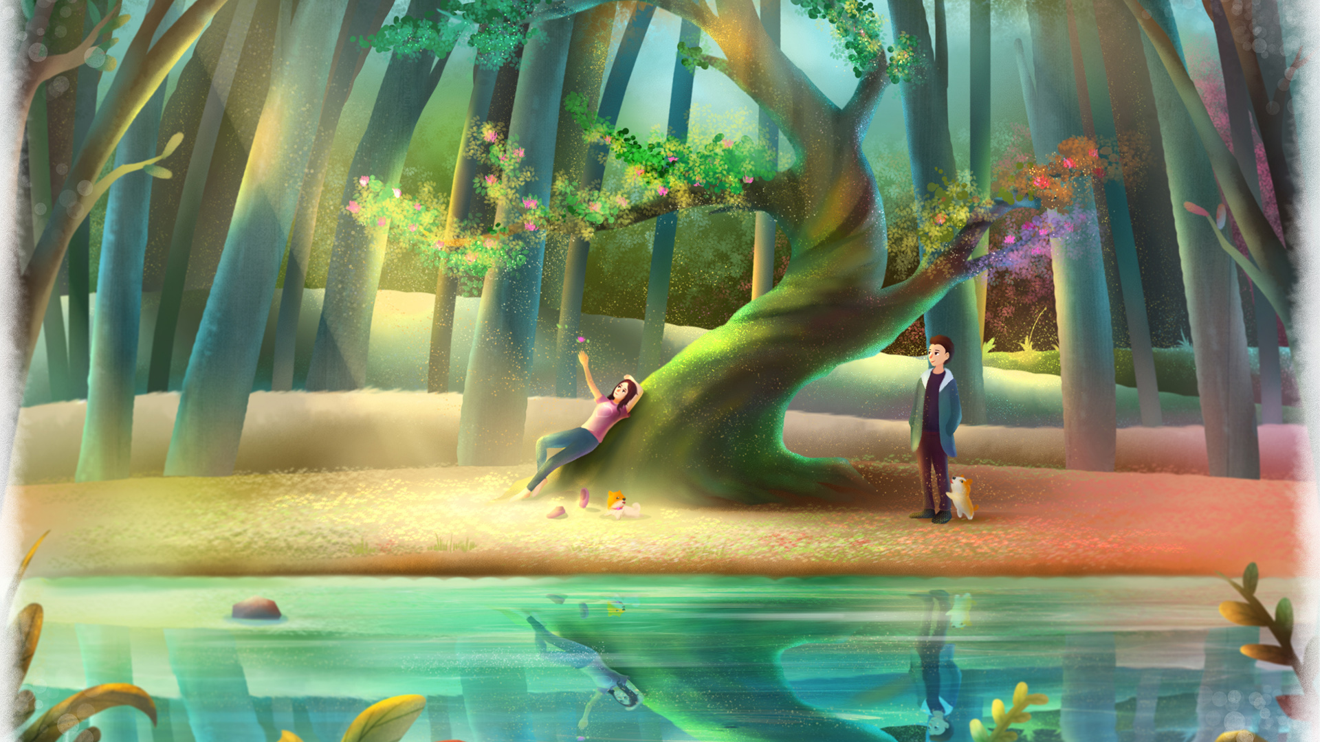 这款梦幻公园树林恋人插画壁纸太治愈了！多款高清尺寸可选