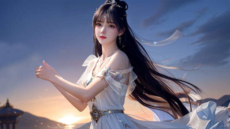 黑长发白长裙动漫美女高清壁纸 一键get多款尺寸