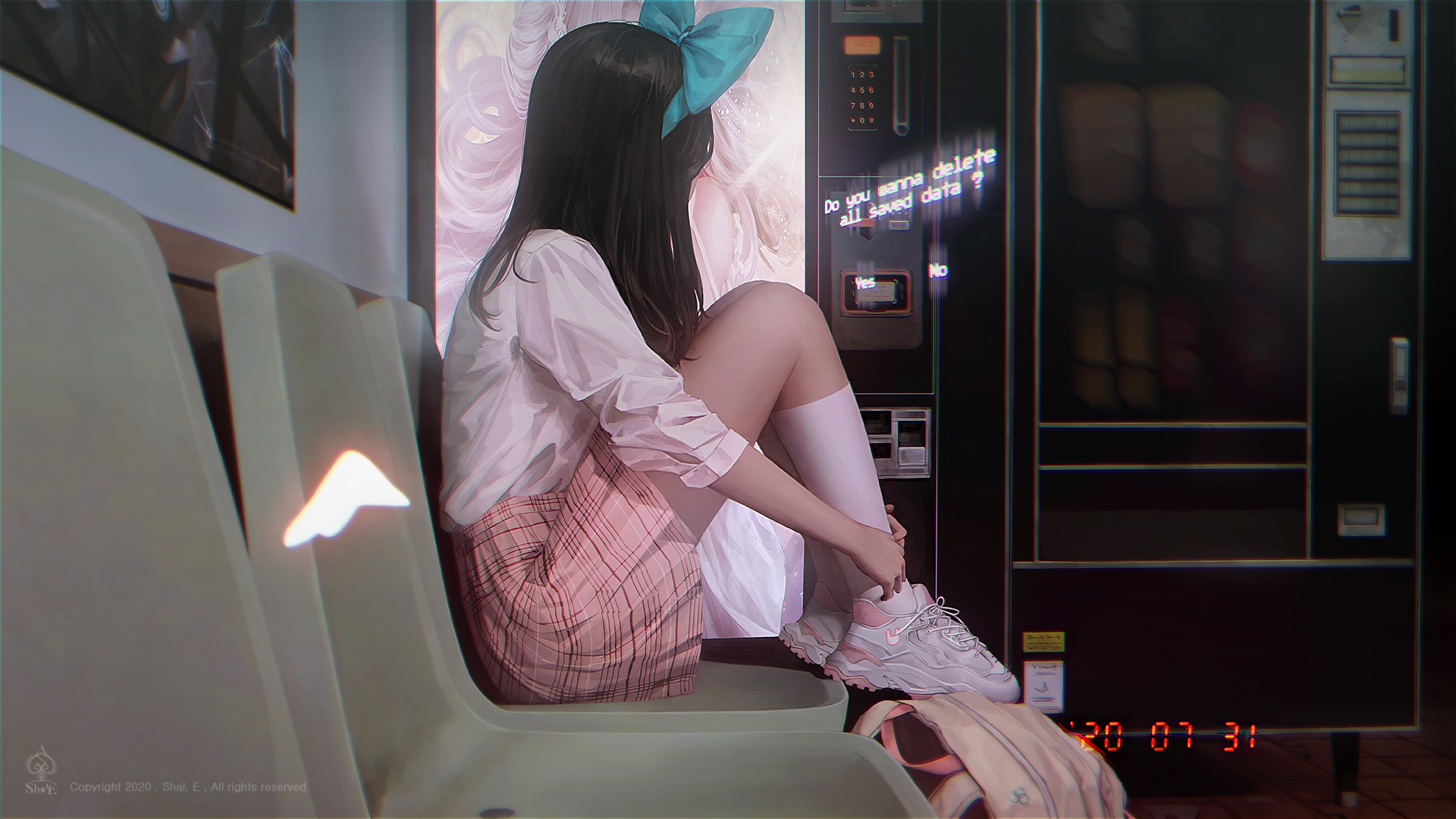 候车厅里的二次元少女！带蝴蝶头扣的白衬衫粉裙壁纸上新啦