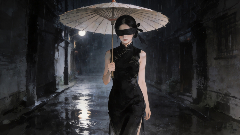 雨夜黑旗袍蒙眼美女配伞灯光！这款动漫电脑壁纸太绝了