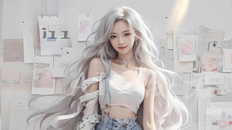 报纸墙搭配白长发动漫美女的电脑壁纸来了