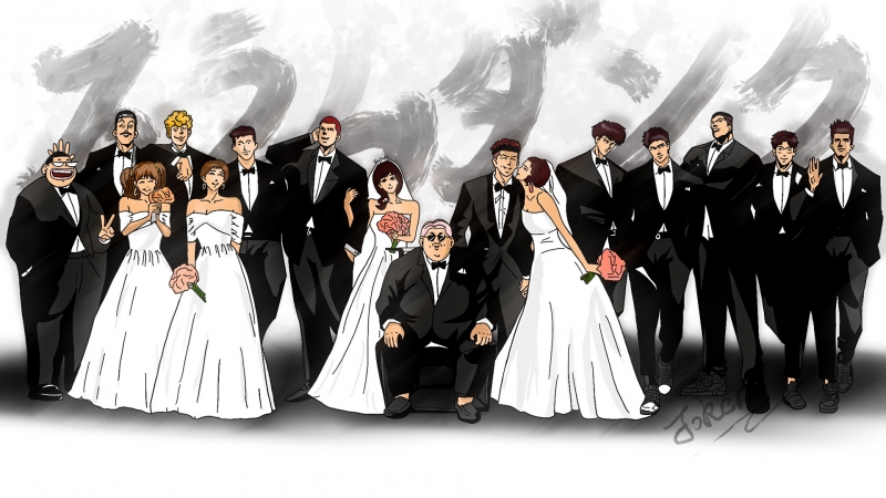 手绘黑白灌篮高手婚礼全家福 高清动漫壁纸来啦