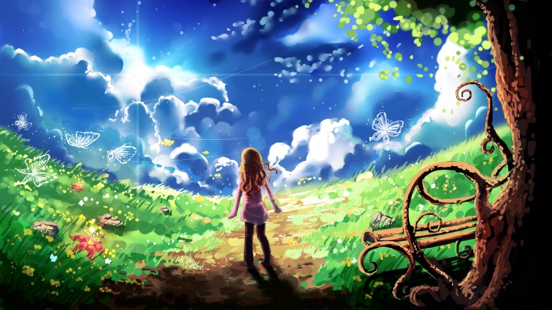 这款带女孩蝴蝶的唯美动漫风景壁纸太治愈了！