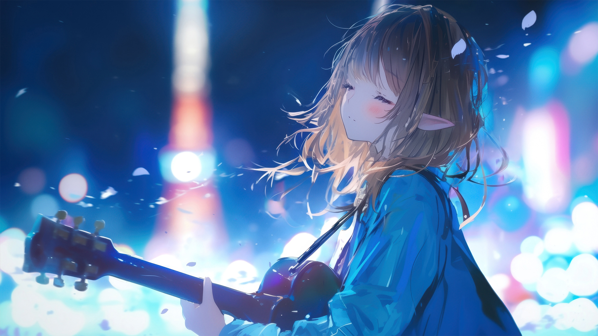 带兽耳的短发吉他少女动漫电脑壁纸推荐