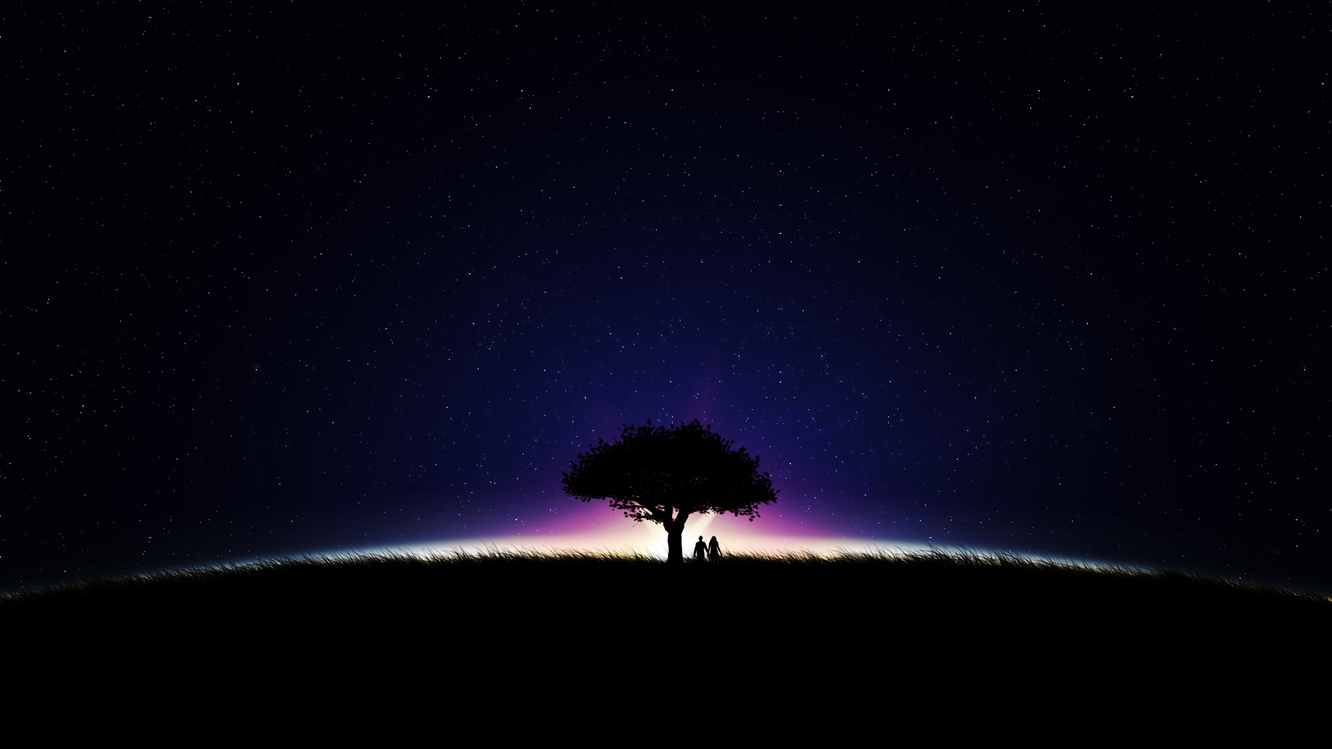 浪漫星空牵手情侣配大树 超美高清电脑壁纸来啦