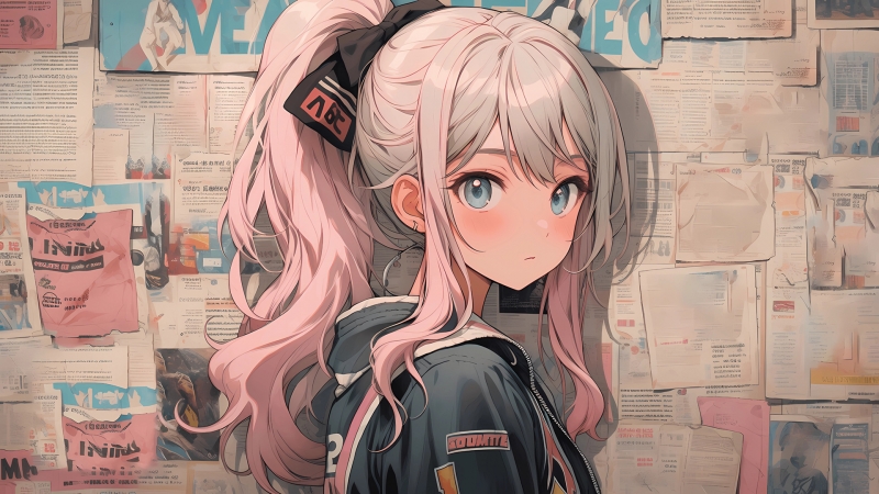 报纸墙粉发马尾少女动漫壁纸 高清版直接下