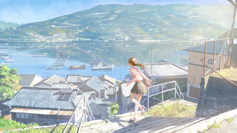 海边百褶裙少女背影动漫壁纸，电脑屏保直接用