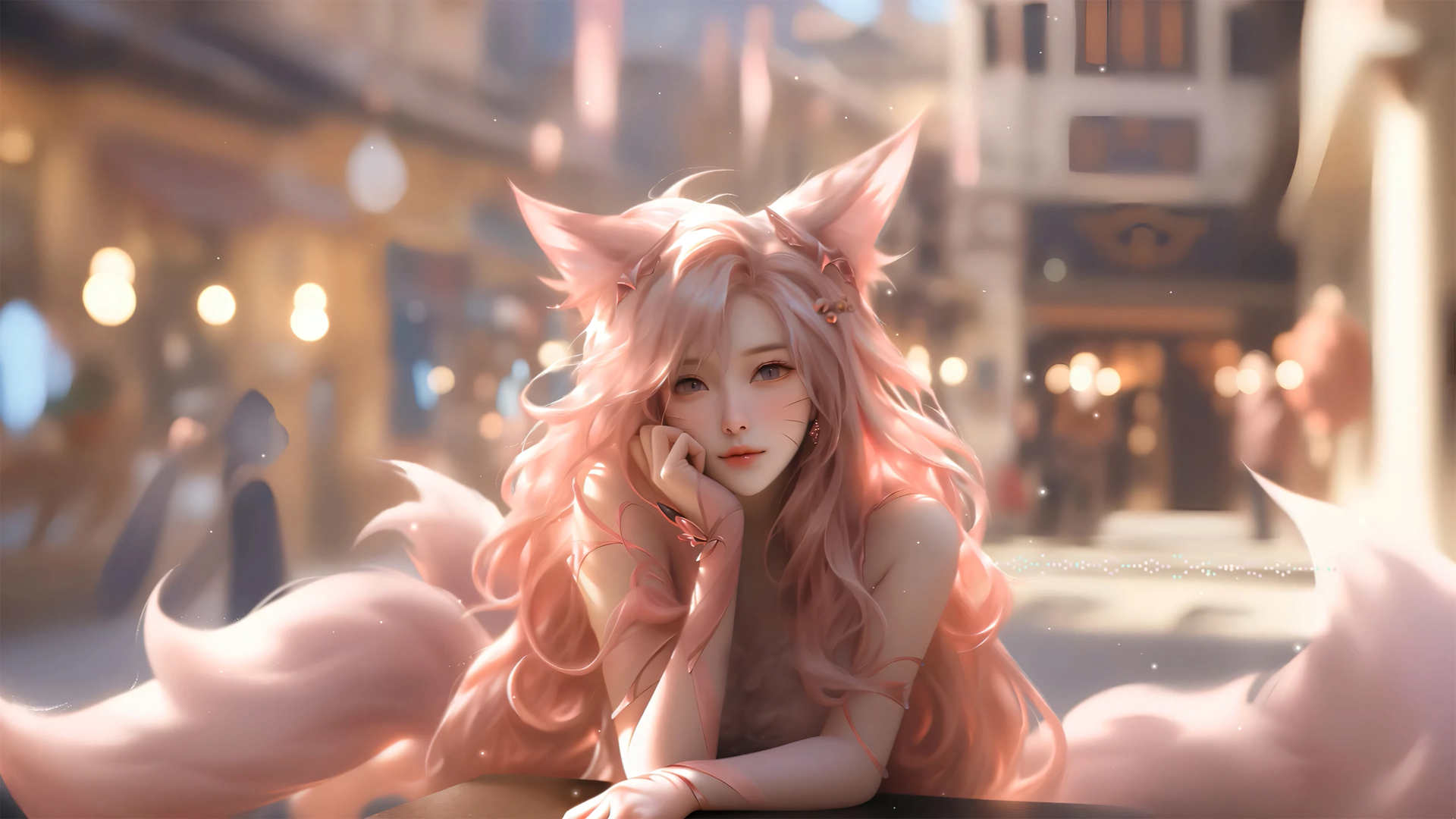 带阿狸元素的兽耳长卷发美女动漫电脑壁纸推荐