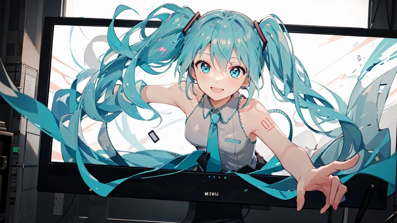 能从电脑屏幕里走出来的初音未来壁纸，这也太绝了