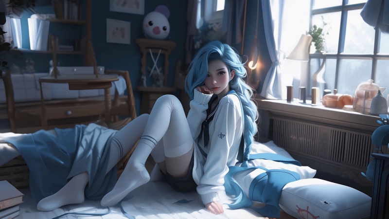 房间里的金克丝！这款动漫美女壁纸太对味了