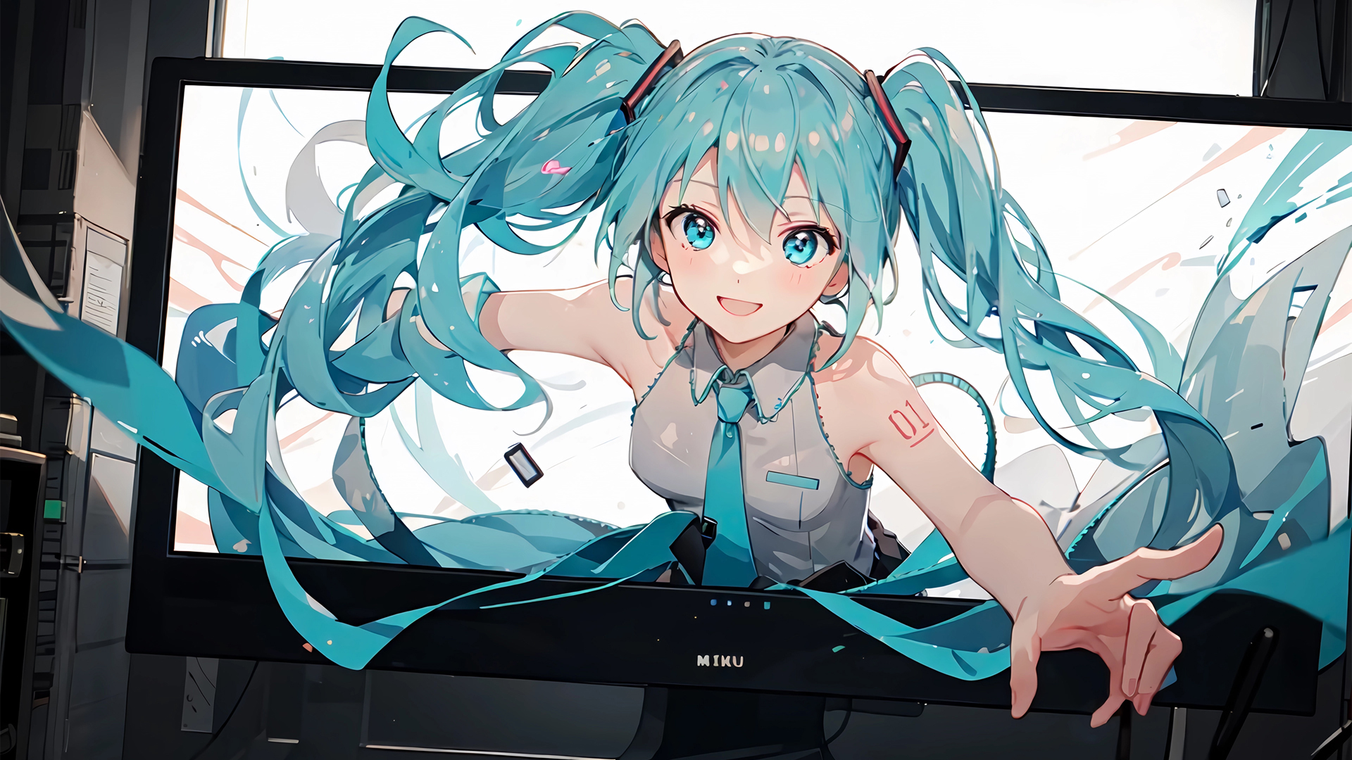 能从电脑屏幕里走出来的初音未来壁纸，这也太绝了