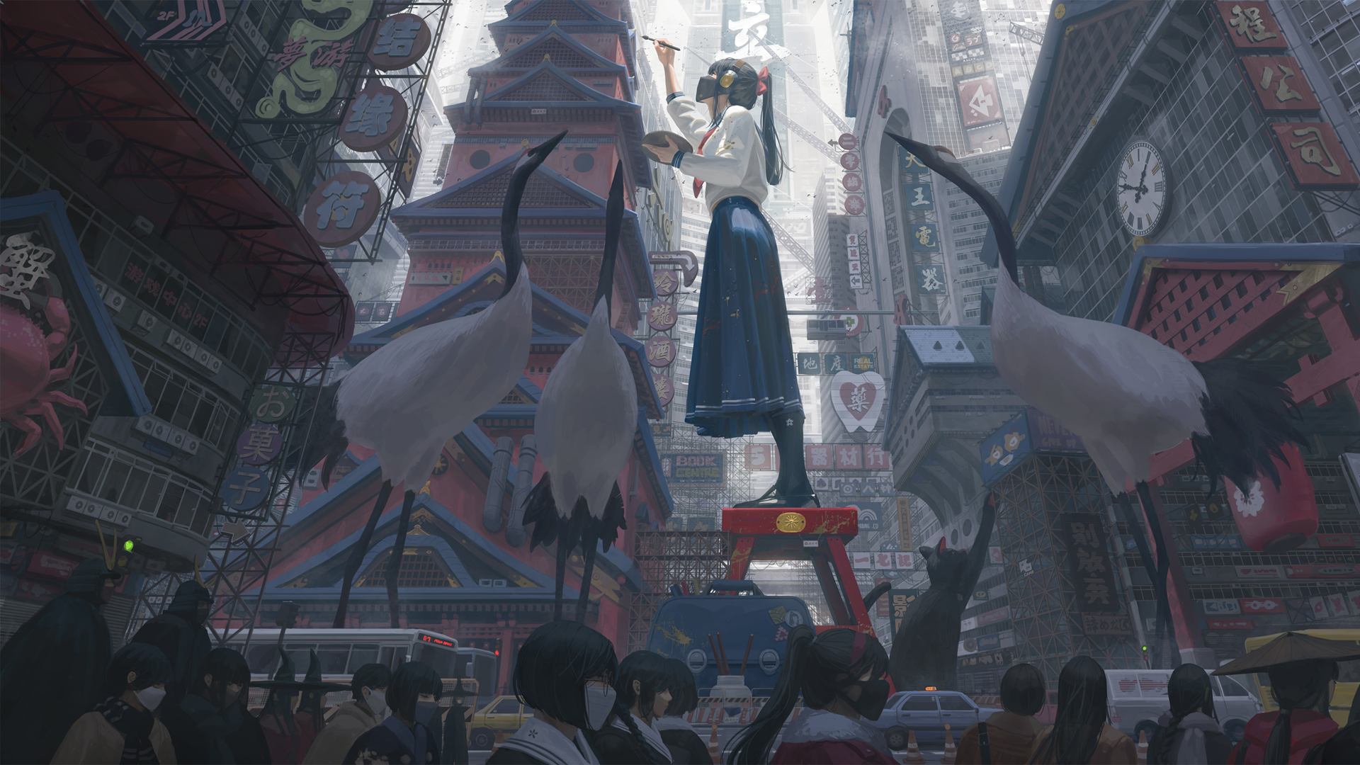 带仙鹤街景的动漫女孩绘画壁纸 多款尺寸可选