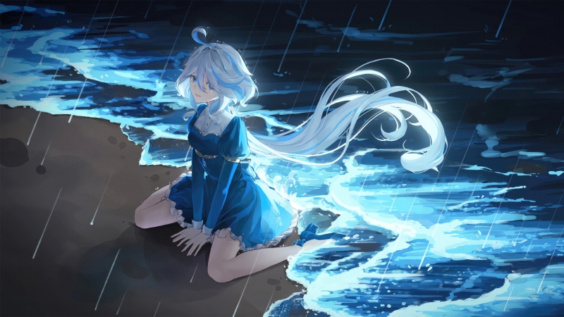 夜晚海边蓝裙少女壁纸推荐