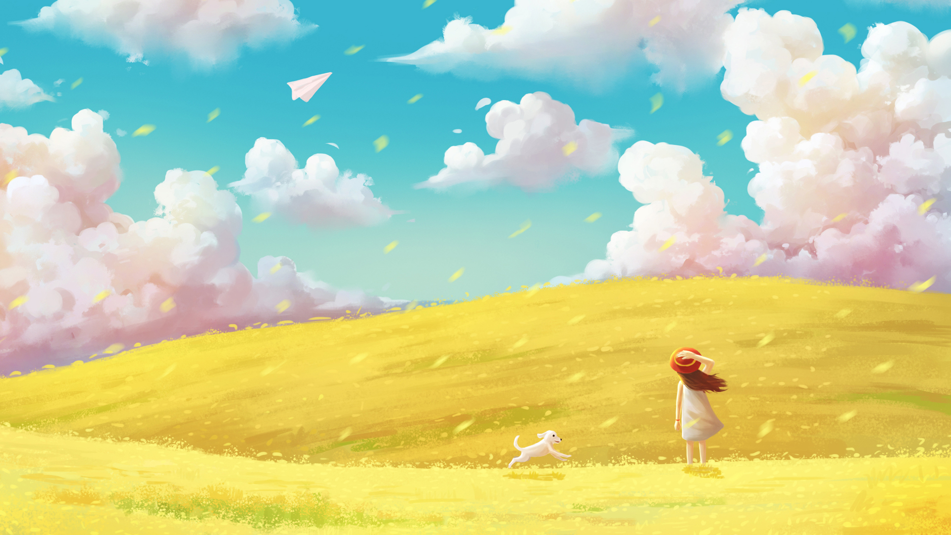 带着小狗放纸飞机的小女孩动漫电脑壁纸