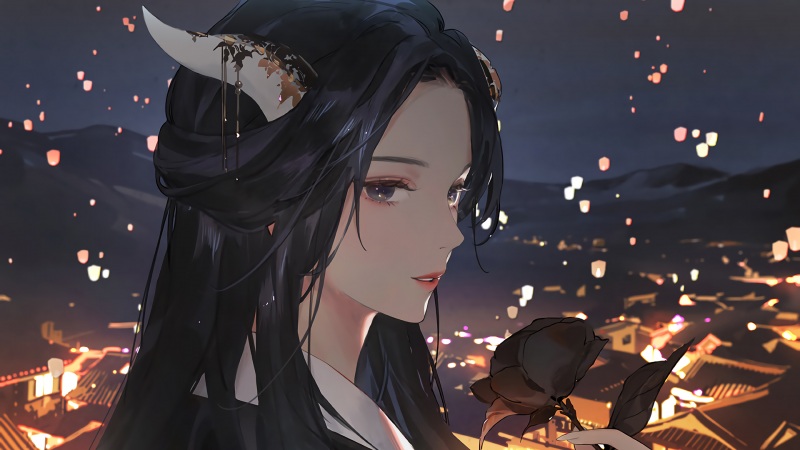 灯笼节带兽角的二次元少女壁纸分享
