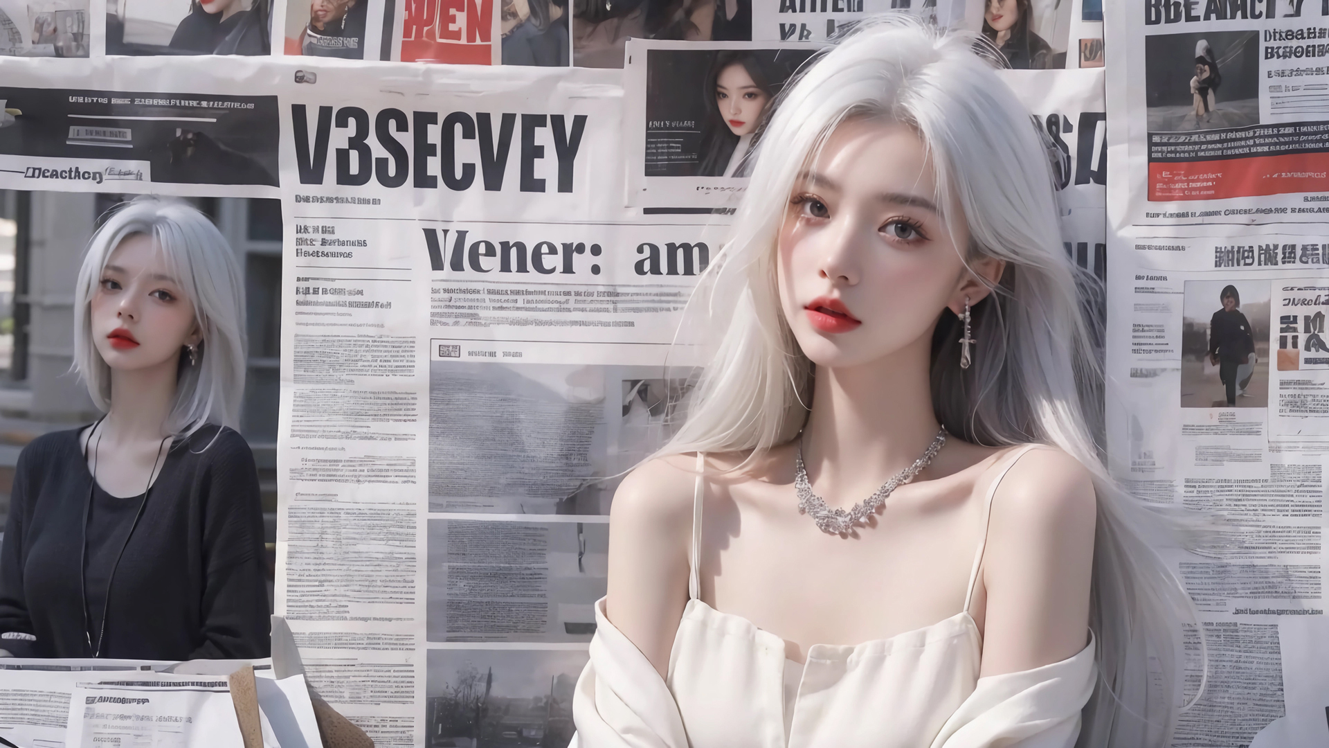 报纸墙白发动漫美女高清壁纸来了，2560x1600分辨率可选