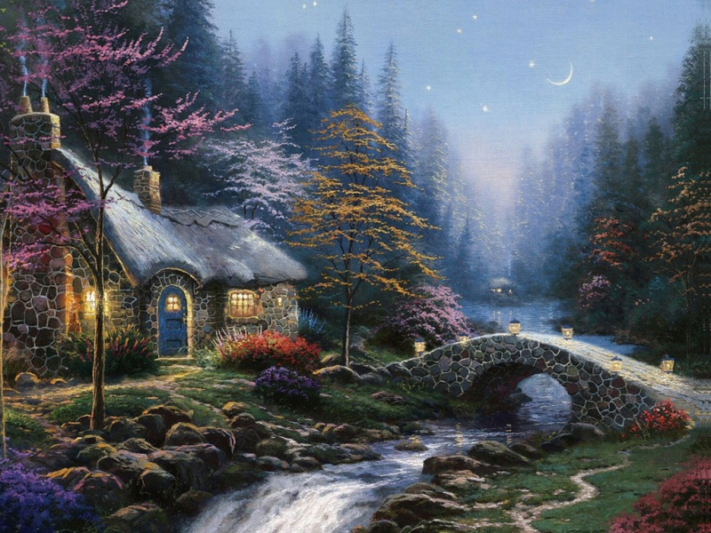 托马斯手绘深夜森林小屋 氛围感壁纸拉满