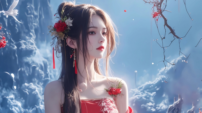 古风红衣动漫少女电脑壁纸 高清全屏一键下载