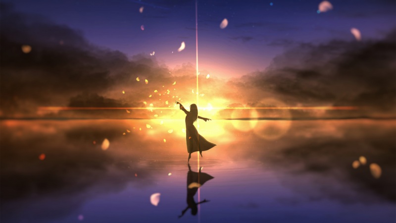 带着少女幻想的黄昏动漫壁纸，夕阳映着水面和飞舞的画面