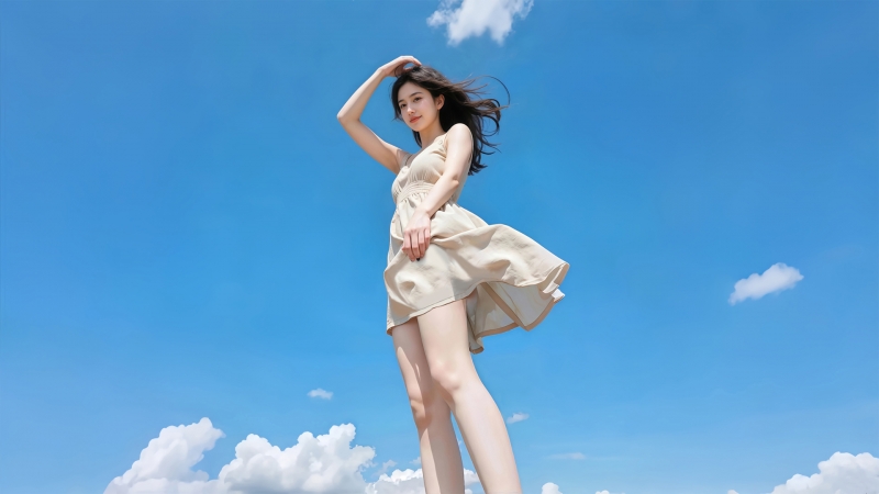 晴天蓝天白云配连衣裙美女 这套电脑壁纸太治愈了