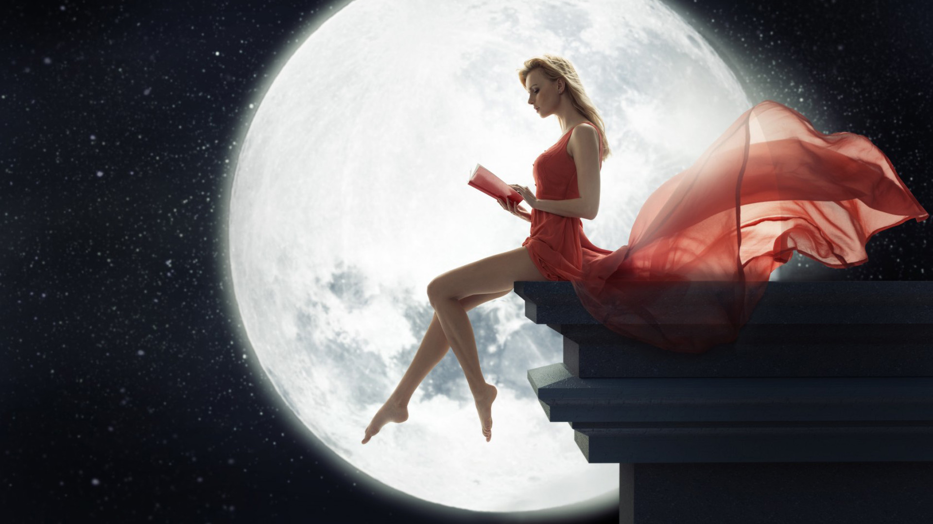 月光下坐看书的连衣裙美女 氛围感唯美壁纸合集