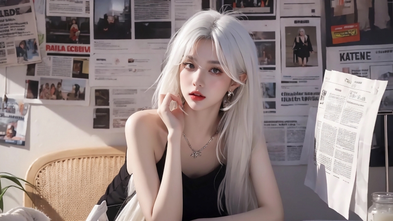 报纸墙前的长发黑裙动漫少女 2560x1600高清壁纸分享