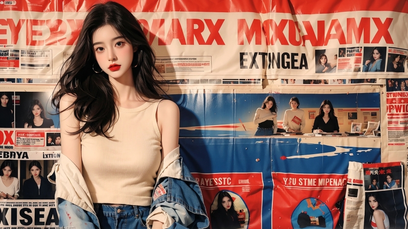 报纸墙黑长发牛仔衣美女动漫壁纸 高清资源分享