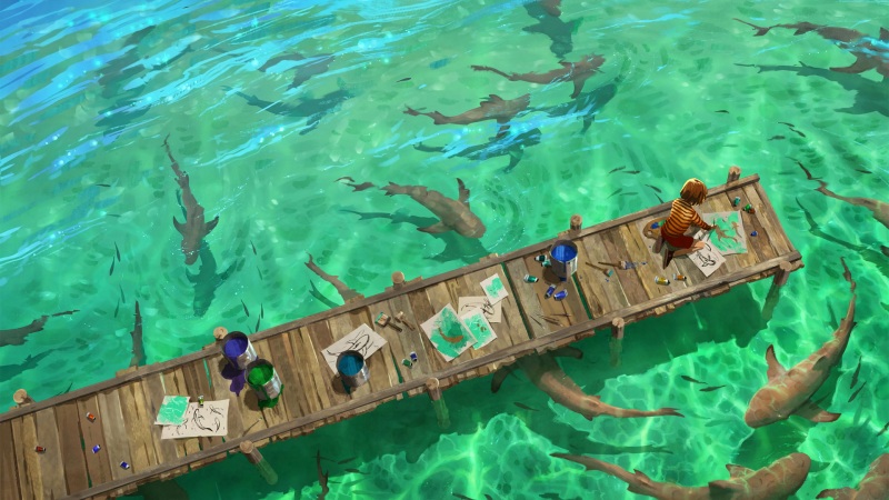 带小男孩和木桥的绿海水动漫壁纸 多款尺寸可选