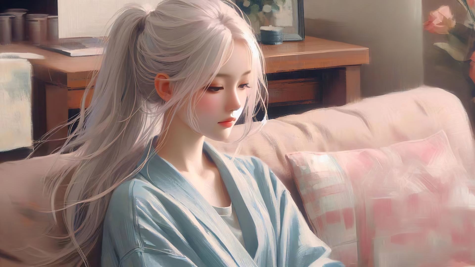 沙发上扎马尾的动漫少女电脑壁纸 高清款来啦