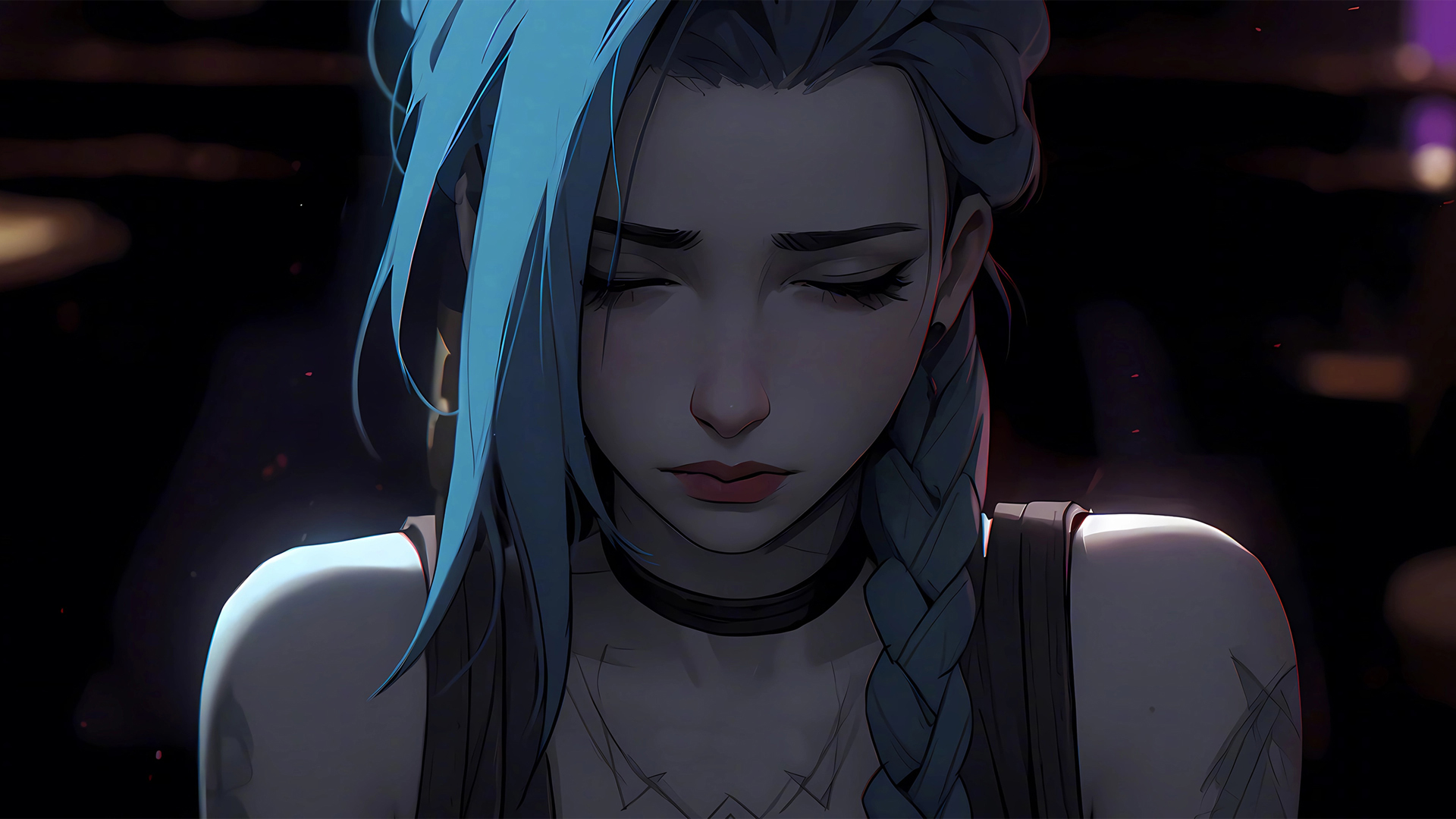 金克丝闭眼暗调风电脑壁纸 高清动漫桌面图