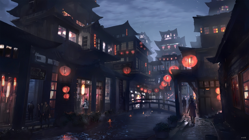 古风山城夜景动漫壁纸！带客栈灯笼的黄金山城高清图