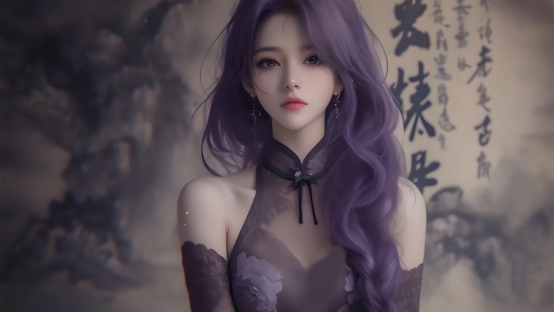 紫长发卷古风美人 电脑高清动漫壁纸