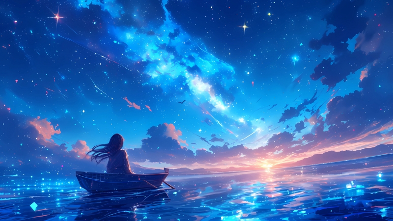 带着小船仰望星空的动漫女孩壁纸 高清资源来啦