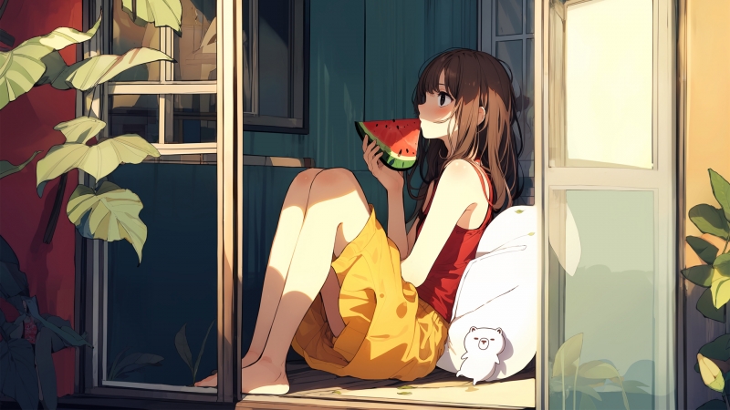 夏日吃西瓜少女动漫电脑壁纸_高清动漫壁纸