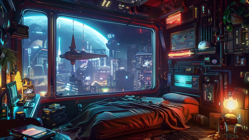 赛博朋克风格房间电脑壁纸 带床和窗户的高清动漫壁纸