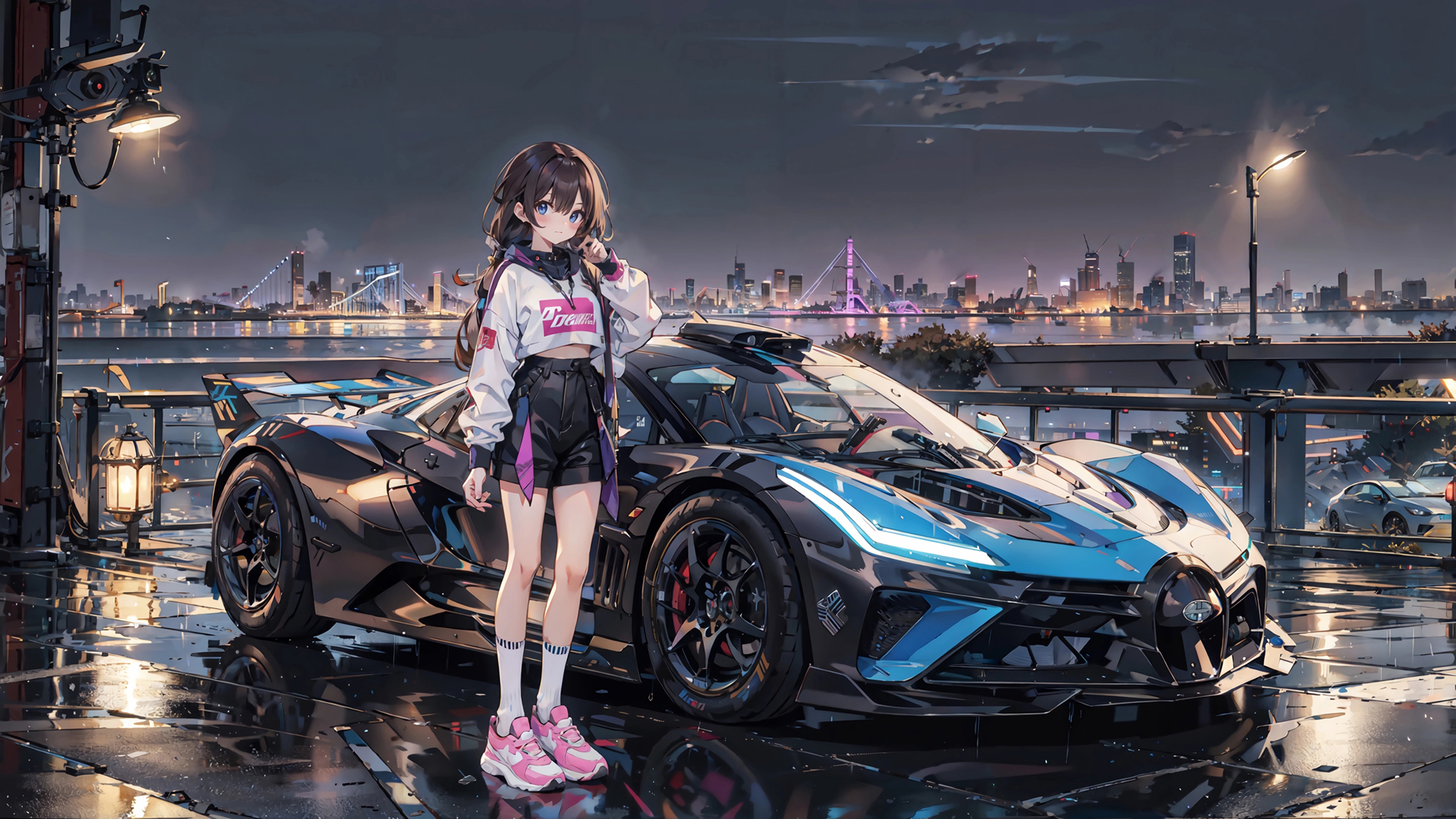 动漫女孩配跑车城市夜景 高清电脑桌面壁纸分享