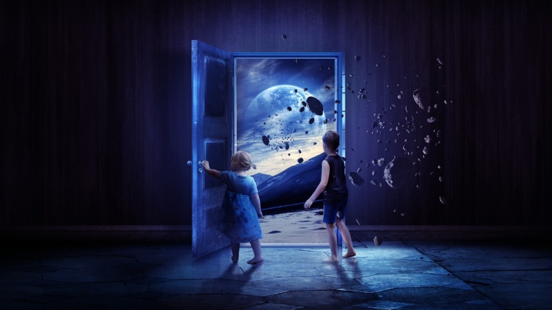 小女孩小男孩搭配路门行星太空的动漫电脑壁纸来啦